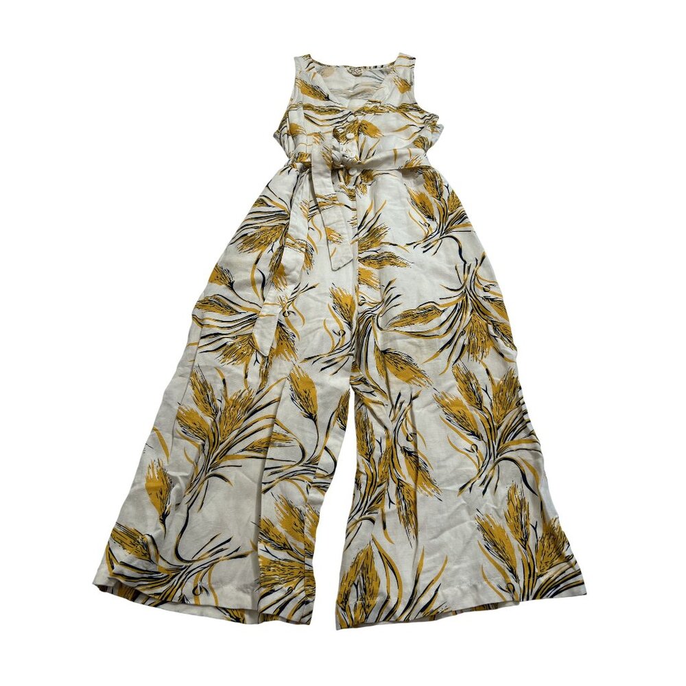 Modern Vintage V-Neck Jumpsuit in White Yellow Print
